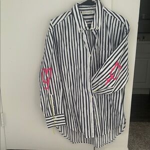 White and Black Striped Shirt with Pink Accents